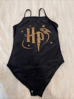 Black One-Piece Swimsuit with Gold HP (Harry Potter) Emblem